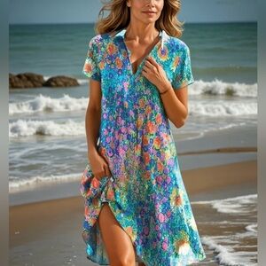 Hannah Women's Floral V-Neck Short Sleeve Collared Dress Tunic Size Medium NWOT